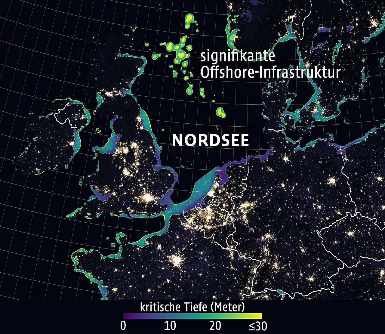 Eine NASA-Aufnahme zeigt signifikante, durch Lichtverschmutzung verursachte, Veränderungen in der Nordsee