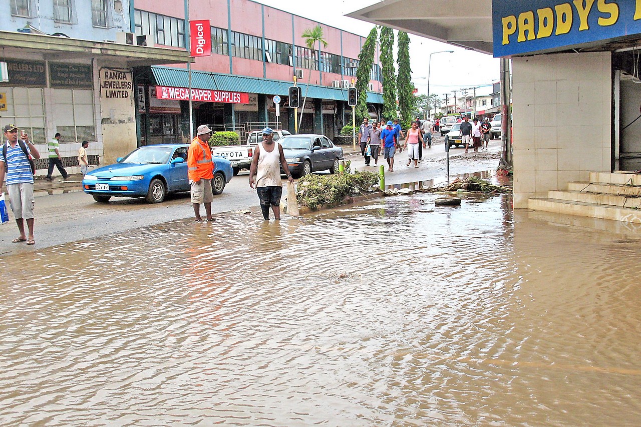 Überschwemmung in der Stadt Nadi auf Fidschi
