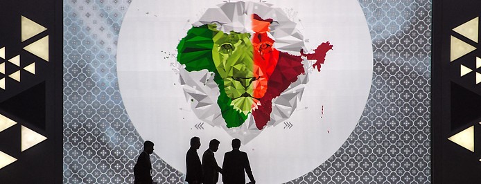 Logo des Indien-Afrika-Gipfels im Jahr 2015 zeigt Löwen mit Landkarte von Afrika und Indien kombiniert