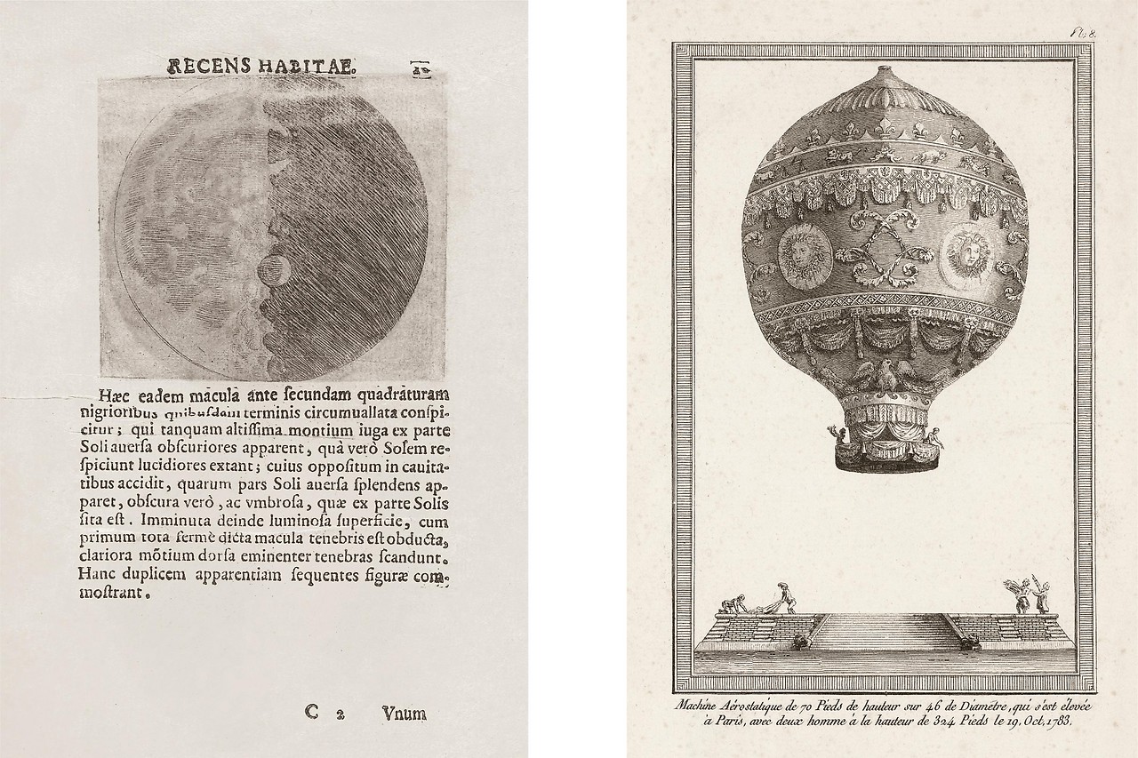 Diagram van de maan en het luchtschip Montgolfier 