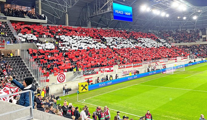 Fan-Choreographie mit rot-weiß-roter Fahne in der Linzer Raiffeisen Arena