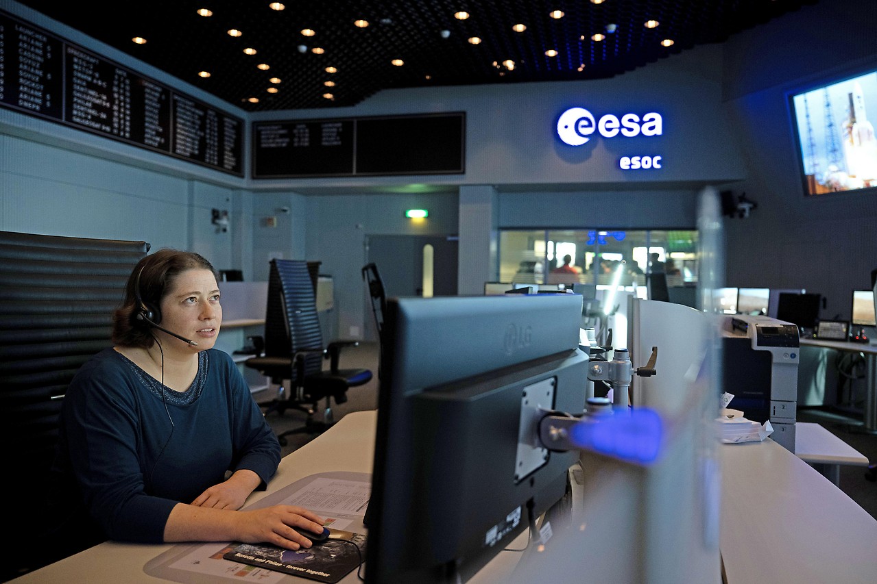 Angela Dietz, ESA's Jupiter mission engineer, sitting at the European Space Operations Center (ESOC) in Darmstadt, Germany.