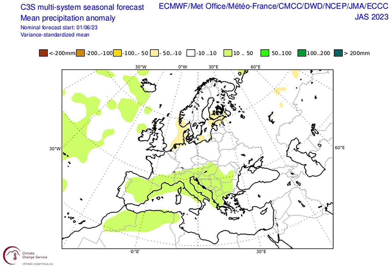 COPERNICUS EU Climate Change Service precipitation forecast from July to September