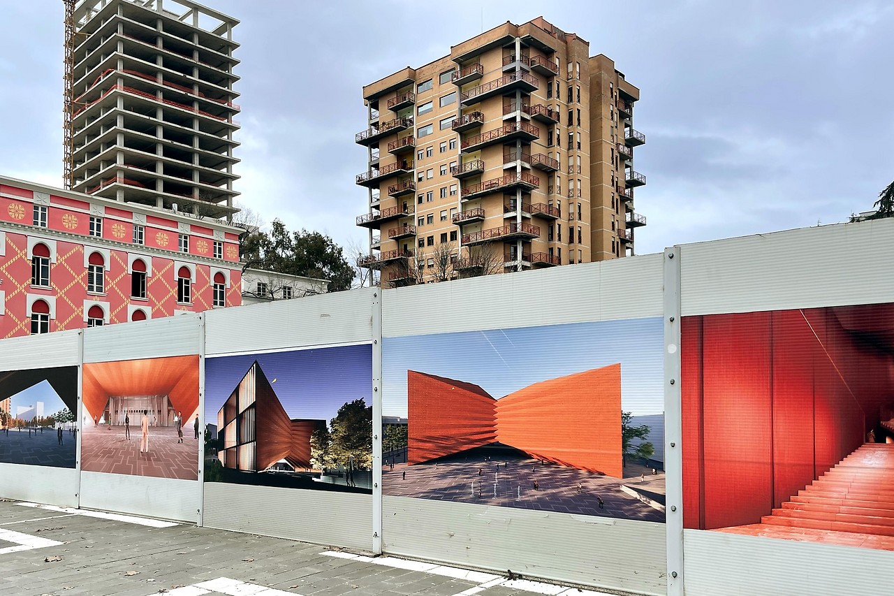 Mural posters of future construction projects in front of Skanderbeg Square in Tirana