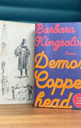 Zwei Bücher auf einem Tisch: „Demon Copperhead“ von Barbara Kingsolver und „David Copperfield“ von Charles Dickens; im Hintergrund ein Sofa