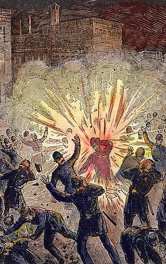 Kolorierter Holzschnitt des Haymarket Riot in Chicago am 4. Mai 1886